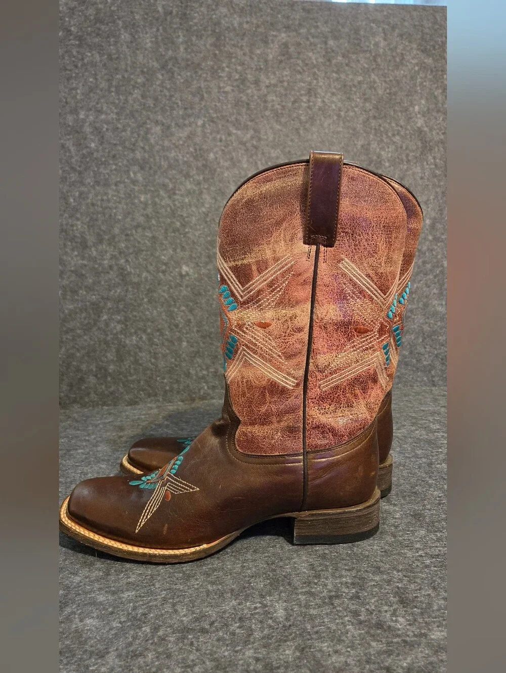 Roper Womens Brown Leather Western Boots Turquoise/Orange Embroidery Made Mexico
